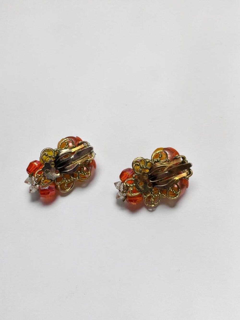 Necklace Earrings Set Orange Faux Pearl Crystal Cluster Beaded Vintage 1960s - Picture 5 of 9